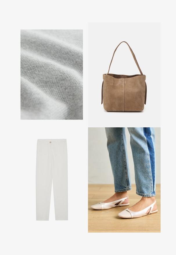 Šviesiai pilkas audinys su švelniu, tekstūruotu briaunų raštu, turintis subtilių atspalvių variantų ir glotnią, kviečiančią paviršių.; Baltos, pritaikytos kelnės su tiesaus kirpimo dizainu, su sagčių uždarymu, dirželių kilpomis ir šoninėmis kišenėmis; lygus audinio tekstūros.; Šviesiai rožiniai slingback baleto bateliai su smailiu pirštu, pagaminti iš lygios odai panašios medžiagos. Yra išpjovimų detalės šonuose ir plokščias kulnas.; Ruda suedinė rankinė su švelnia tekstūra, atvira viršūne ir viena petneša. Pasižymi lygiu paviršiumi ir minimaliais akcentais.