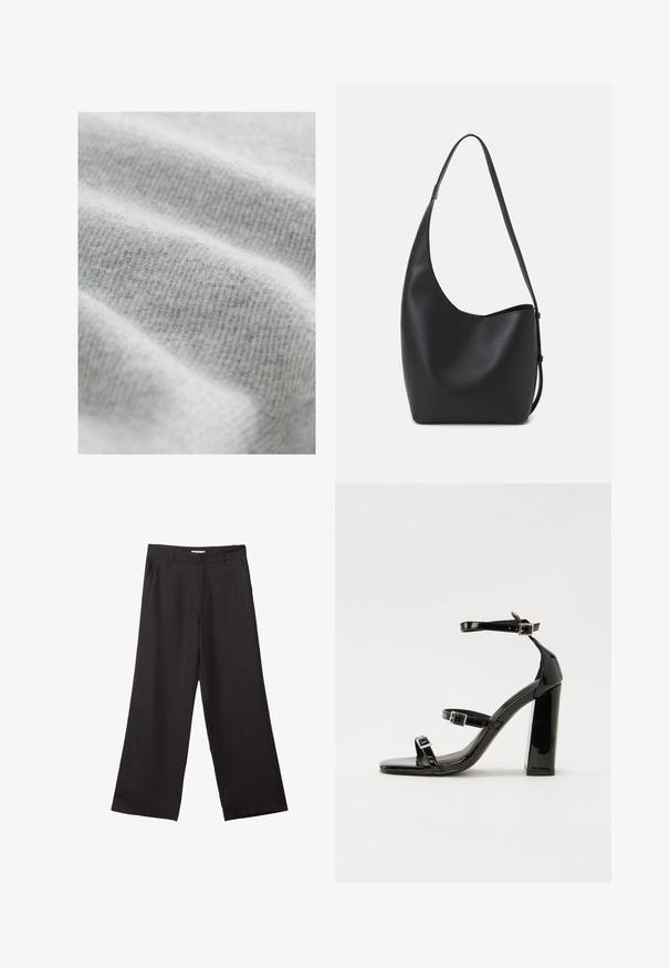 Světlá šedá tkanina s jemným, texturovaným proužkovaným vzorem, který vykazuje drobné variace ve stínu a má hladký, lákavý povrch.; Černé široké kalhoty vyrobené z hladké tkaniny, s předním zipem a dvěma bočními kapsami, s dobře padnoucím střihem a minimalistickým designem.; Černé lakované sandály na podpatku se čtveratou špičkou, lýtkovými pásky a stříbrnými přezkami. Disponují masivním blokovým podpatkem pro stabilitu.; Černá kožená hobo taška s hladkým povrchem, zakřiveným tvarem a jedním nastavitelným popruhem; má široké otevírání nahoře.