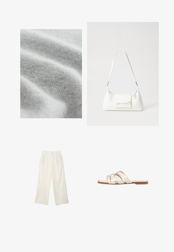 Světlá šedá tkanina s jemným, texturovaným proužkovaným vzorem, který vykazuje drobné variace ve stínu a má hladký, lákavý povrch.; Široké kalhoty z krémové látky s hladkým povrchem, s jediným předním knoflíkem, jemnými skladbami a vysokým pasem.; Ploché sandály s hnědou gumovou podrážkou, navržené se třemi překrývajícími se bílými koženými řemínky a malým mašlí uprostřed.; Bílá syntetická kabelka v trojúhelníkovém tvaru, s plochým předním klopným víkem a detailem mašle, nastavitelným popruhem, hladkým povrchem a minimalistickým designem.