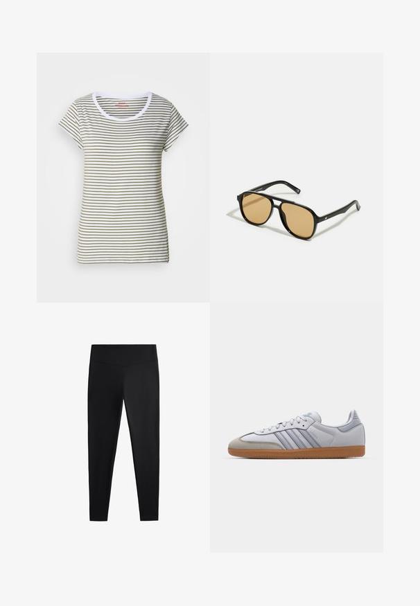 Tricou cu dungi, confecționat din bumbac moale, având dungi orizontale albe și verde măsliniu, guler rotund și mâneci scurte.; Colanți negri realizați dintr-un material neted și elastic. Prezintă o talie lată și un design cu picioare conice, potriviți pentru activități sportive sau purtat casual.; Tenisi din piele albă cu accente albastre deschise, vârf din suede gri și talpă din cauciuc maro. Prezintă trei dungi albastre și branding "Samba".; Ochelari de soare negri cu lentile de culoare maro; formă rectangulară cu un cadru gros, inclusiv accente hardware subtile pe mânere.
