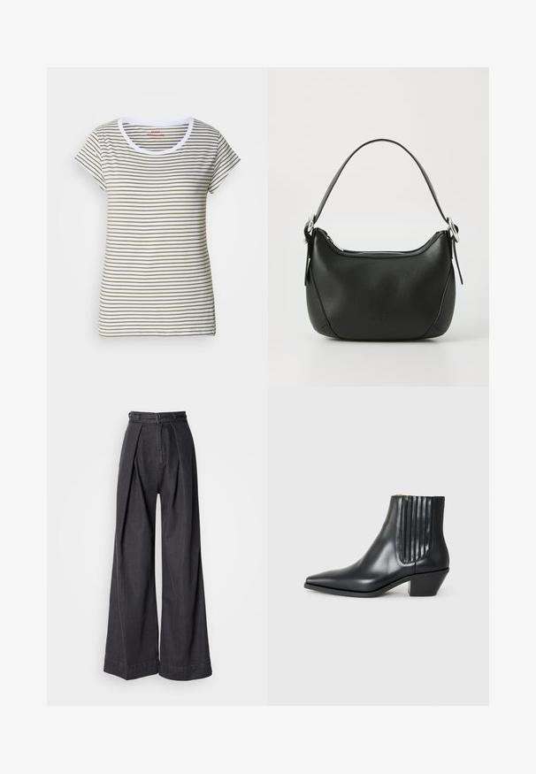 T-shirt rayé en coton doux, avec des rayures horizontales blanches et vert olive, col rond et manches courtes.; Pantalons en denim noir à jambes larges avec une taille haute, dotés de plis avant et d'une fermeture éclair classique. Texture nette et lisse avec une finition propre.; Bottine en cuir noir avec un bout pointu, des panneaux latéraux élastiques avec des rainures verticales, et un petit talon bloc. Texture lisse et design épuré.; Sac à main en cuir noir avec une forme arrondie, fermeture éclair argentée et une courte poignée. Présente un logo subtil à l'avant et une texture lisse.