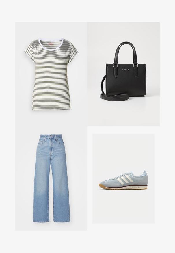 Svītru krekliņš, izgatavots no mīksta kokvilnas, ar horizontālām baltām un olīvzaļām svītrām, apaļu kakla izgriezumu un īsām piedurknēm.; Gaiši zili augstās jostas vidukļa platās bikses ar priekšējo pogu un rāvējslēdzēju, priekšējām un aizmugurējām kabatām uz baltā fona.; Gaiši zili zamša sporta apavi ar baltām trim svītrām, gumijas zoli un teksturētu sietu. Ietver gludu purngalu un zīmolu uz papēža.; Melnas teksturētas ādas rokassoma ar īsām rokturēm un noņemamu plecu siksnu. Priekšā ir sudraba "LACOSTE" logo.