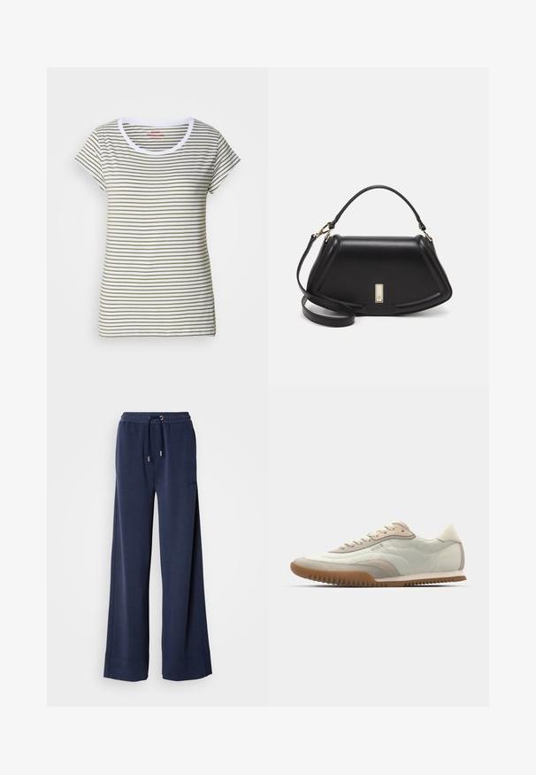 Gestreiftes T-Shirt aus weicher Baumwolle, mit horizontalen weißen und olivgrünen Streifen, rundem Ausschnitt und kurzen Ärmeln.; Marineblaue Weitbeine-Hosen aus weichem Stoff mit einem elastischen Bund und einer Schnürung sowie einem Logodetail am linken vorderen Bein.; Weiß-beige Sneaker mit einem glatten Obermaterial und Wildlederakzenten, einer strukturierten Sohle und tonal abgestimmten Nähten. Schnürverschluss mit Logodetail.; Schwarze Lederhandtasche mit einem strukturierten Design, das eine verkürzte Form, einen oberen Griff und goldfarbene Hardware-Details aufweist. Verstellbarer Schulterriemen ist enthalten.