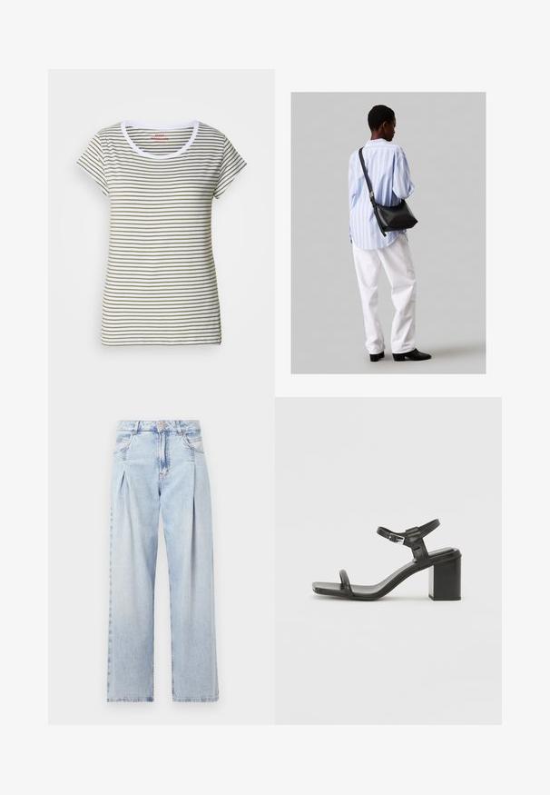Svītru krekliņš, izgatavots no mīksta kokvilnas, ar horizontālām baltām un olīvzaļām svītrām, apaļu kakla izgriezumu un īsām piedurknēm.; Gaiši zilas džinsu bikses ar augstu jostasvietu, plats kāju griezumu, divām sānu kabatām un krokotā dizaina akcentiem. Mīksta tekstūra ar izdilušu apdari.; Melna ādas blokveida papēža sandle ar platu joslu pāri pirkstiem un regulējamu potītes siksniņu, ar elegantu, minimālistisku dizainu.; Melna ādas plecu soma ar mīkstu tekstūru, trīsstūra formu un regulējamu siksnu, apvienota ar gaiši zilu svītrotu krekli un baltām biksēm.