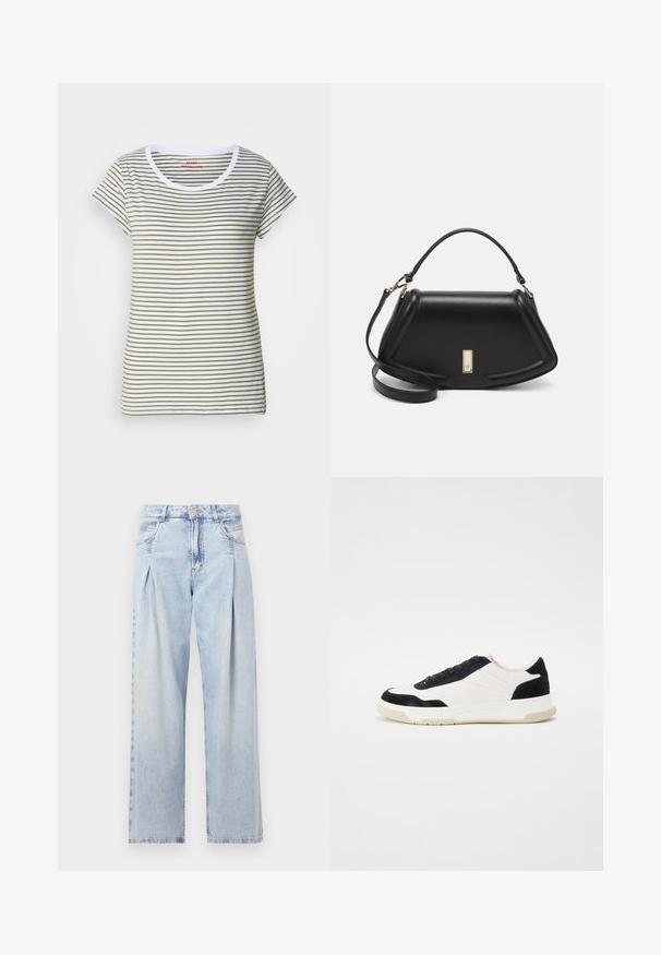 Striped t-shirt made of soft cotton, featuring horizontal white and olive green stripes, round neck, and short sleeves.; Light blue denim jeans with a high waist, wide-leg cut, two side pockets, and pleated design feature. Soft texture with a faded finish.; Sneakers with a white leather upper, black suede accents, and a textured rubber sole. Features a lace-up design and stitched detailing.; Black leather handbag with a structured design, featuring a cropped shape, top handle, and gold hardware accent. Adjustable shoulder strap included.