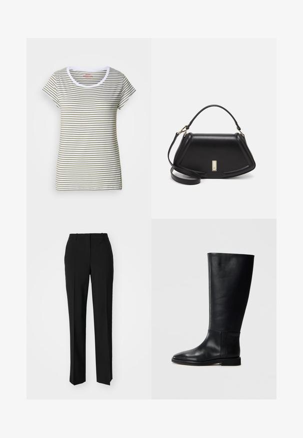 Camiseta de rayas hecha de algodón suave, con rayas horizontales en blanco y verde oliva, cuello redondo y mangas cortas.; Pantalones negros ajustados con un diseño de pierna recta, que presentan una textura suave y pliegues nítidos en el frente. Sin herrajes visibles.; Bota alta de cuero negro hasta la rodilla con punta redonda, textura suave, diseño minimalista y suela plana. Detalles de costura simples en el caña.; Bolso de mano de cuero negro con un diseño estructurado, que presenta una forma recortada, asa superior y acentos en dorado. Correa de hombro ajustable incluida.