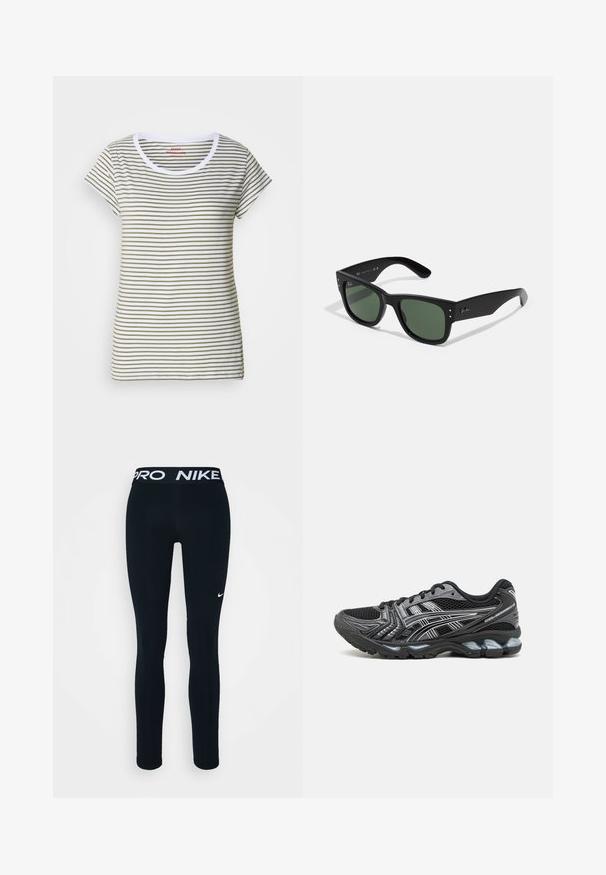 Striped t-shirt made of soft cotton, featuring horizontal white and olive green stripes, round neck, and short sleeves.; Black Nike leggings with a Pro waistband, featuring a white logo on the left thigh. Made of stretchy fabric, designed for comfort and movement.; Black athletic shoe with mesh upper, silver accents, and a cushioned sole. Features a lace-up design and textured tread for grip.; Black rectangular sunglasses with green lenses, matte finish, subtle hardware accents, and embossed logo on the temple.