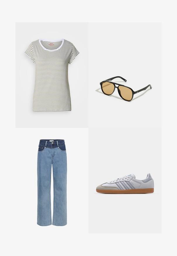 Gestreepte T-shirt van zacht katoen, met horizontale witte en olijfgroene strepen, ronde hals en korte mouwen.; Lichtblauwe denim wijde jeans met een hoge taille, vijf-pocket ontwerp en een contrasterende donkerblauwe patch aan de voorkant.; Witte leren sneakers met lichtblauwe accenten, grijs suède neus en een bruine rubberen zool. Voorzien van drie blauwe strepen en "Samba"-branding.; Zwarte zonnebril met bruin getinte lenzen; rechthoekige vorm met een dikke rand, inclusief subtiele hardware accenten op de veertjes.