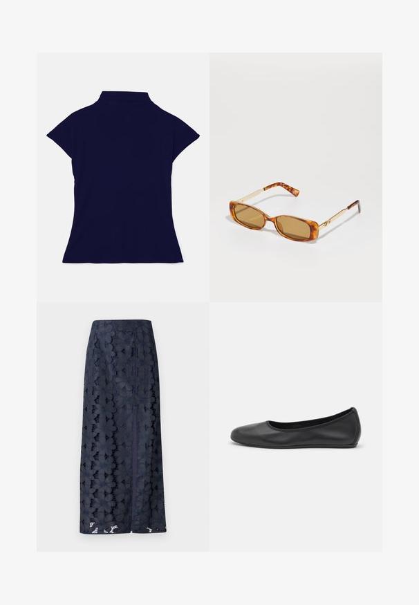 Tiger of Sweden ALITTA - Camiseta básica - drive; Falda de encaje azul marino con patrones florales, corte recto y una abertura lateral para facilitar el movimiento. Textura suave y detalles intrincados.; Bailarina de piel negra con punta redondeada, textura suave, detalle de costura minimalista y diseño de suela flexible.; Gafas de sol de carey marrón con montura rectangular, brazos de metal dorado y lentes de color marrón claro. Diseño elegante, sin logotipos visibles.