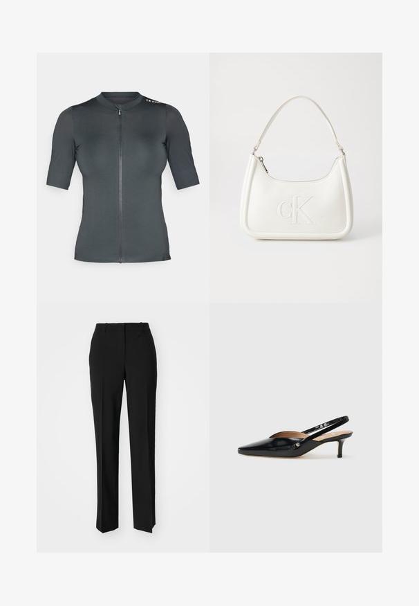 Lyhythihainen pyöräilypaita tummanharmaana. Siinä on etuvetoketju ja teksturoitu kangas, pyöreä kaulus ja logo-akcentti olkapäässä.; Mustat räätälöidyt housut suoraa lahjetta, joissa on sileä pinta ja terävät taitteet edessä. Ei näkyvää metalliosaa.; Musta patenttikiiltoinen slingback-korkokenkä, jossa on teräväkärkinen muoto, pieni korko ja leikkauksella varustettu suunnittelu vampaassa. Kultasävyinen metallivanhus sivulla.; Valkoinen nahkalaukku, jossa on kaareva muotoilu, etupuolella kohokuvioitu "CK" -logo ja yksi olkahihna. Vetoketjukiinnitys ylhäällä.
