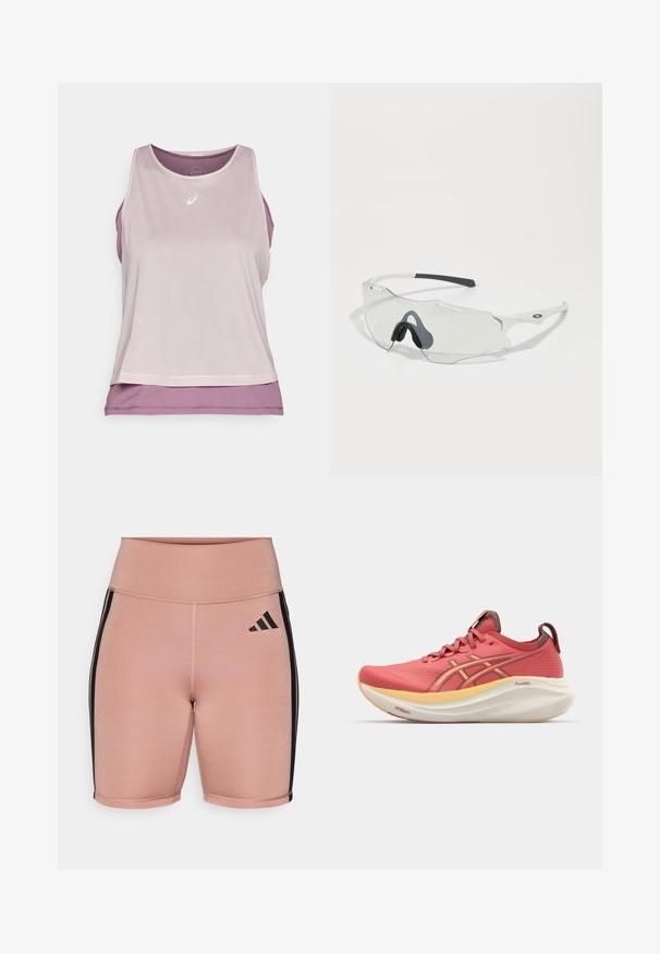 ASICS NAGINO RUN TANK - Topper - watershed rose/dusty mauve; Rosa treningsshorts med høy midje, laget av elastisk materiale. Har svarte sidelister og Adidas-logoen på venstre side.; Røde løbesko med en struktureret overdel, der har gule detaljer og en buet hvid sål mærket "PureGEL." Snørebånd og en hævet strop inkluderet.; Solbriller med klart glass, hvit ramme og grå gummiputer på nesen. Har et strømlinjeformet design, vinklet form og minimalt med maskinvaredetaljer.