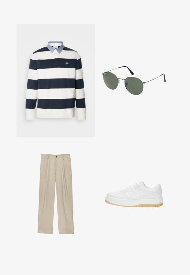 Koszula polo z długim rękawem w niebiesko-białe poziome paski, z kołnierzykiem przypominającym dżins w odcieniu niebieskim oraz małym logo na piersi.; Beżowe spodnie o prostym kroju, z pojedynczym czarnym guzikiem, szlufkami na pasek oraz bocznymi kieszeniami. Gładka faktura materiału i minimalistyczny design.; Białe skórzane sneakersy o fakturowanym wykończeniu, z gumową podeszwą, sznurowanym zapięciem i subtelnymi akcentami w paski po bokach.; Okulary przeciwsłoneczne z metalową ramą i owalnymi zielonymi soczewkami. Cienka srebrna metalowa rama i czarne końcówki zauszników. Minimalistyczny design, bez widocznych logo.