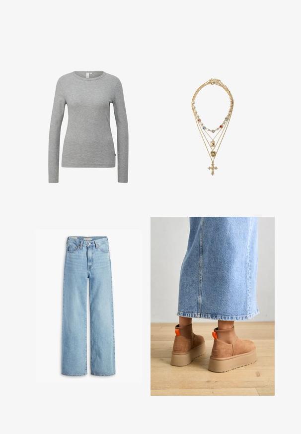 Graues Langarmshirt aus strukturiertem Stoff mit rundem Halsausschnitt. Schlichtes Design ohne Muster oder auffällige Hardware.; Hochgeschnittene, hellblaue Schlagjeans mit Frontknopf und Reißverschluss, Gürtelschlaufen und fünf Taschen.; Braune Wildleder-Plateau-Stiefel mit elastischen Seitenpaneelen und orangen Zuglaschen, kombiniert mit einem knielangen hellen Jeansrock auf einem Holzboden.; Goldfarbene Schichtenkette mit verschiedenen Perlen und farbigen Edelsteinen als Akzenten, detaillierten Anhängern in Form von Kreuz und Herz.