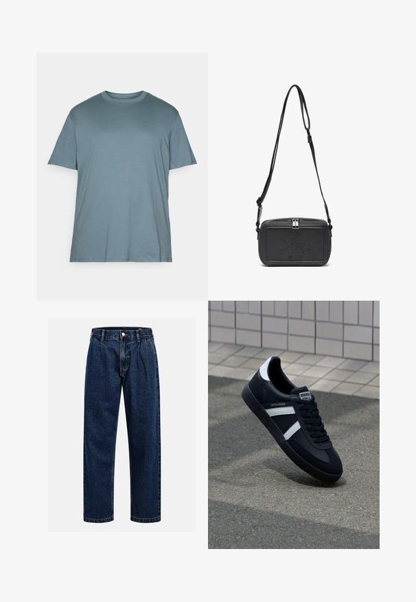 Jack & Jones JJEBRADLEY NOOS - T-shirts basic - goblin blue; Mørkeblå denimjeans med lige ben-design. Har synlige syninger, en knaplukning og frontfoldninger for ekstra detalje.; Sort lædersneaker med hvide striber, tekstureret gummisål og snørrebånd foran. Har et brandet mærke på tungen.; Sort læder crossover taske med lynlåslukning, præget logo på fronten og justerbar rem. Glat tekstur med rektangulær form.