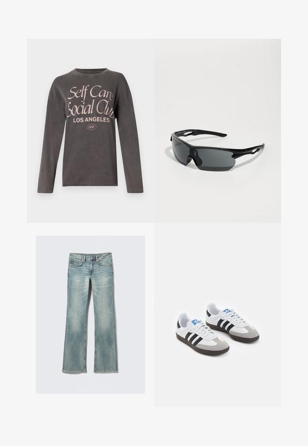 Gray long-sleeve t-shirt made of soft fabric featuring a large pink graphic print reading "Self Care Social Club Los Angeles" with established date.; Light blue denim jeans with slight fading, five pockets, button closure, and straight legs on a white background.; Sport shoes with a white leather upper, gray suede toe, and three black stripes. Features a blue logo on the tongue and a textured rubber sole.; Black sports sunglasses with curved lenses, lightweight plastic frame, and textured temples. Sleek design with integrated nose piece.; Black woven leather handbag with a slouchy design, featuring a knotted strap and a small decorative gold stud at the top.