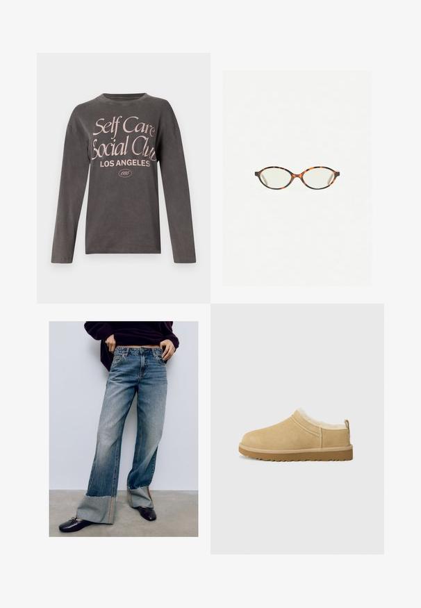 Graues langärmliges T-Shirt aus weichem Stoff mit einem großen rosa Grafikdruck, der "Self Care Social Club Los Angeles" und das Gründungsdatum zeigt.; Helle blaue Denim weit geschnittene Jeans mit ausgefransten Säumen, featuring kontrastierenden Nähten und einem lässigen Schnitt. Kombiniert mit dunklen flachen Schuhen.; Suede Slipper in hellbraun, ausgestattet mit einem weichen Fellfutter und einer strukturierten Gummisole mit einem leichten Absatz sowie einer Zugschlaufe hinten für einfaches An- und Ausziehen.; Schildpatt-Eyegläser mit ovalen Gläsern und einer eleganten, glatten Oberfläche. Mit dünnen Seiten und einer subtilen Kurve an den Schläfen. Klare Gläser.