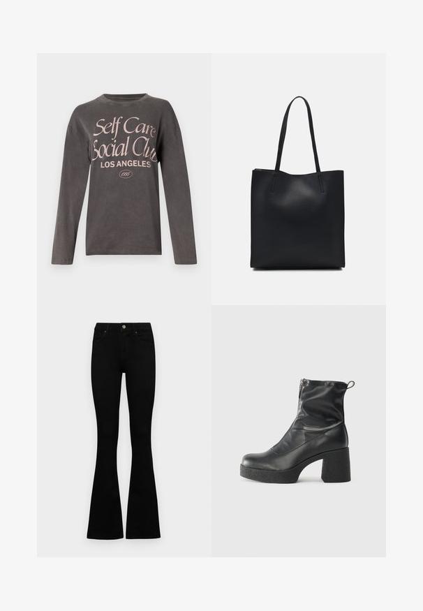 Gray long-sleeve t-shirt made of soft fabric featuring a large pink graphic print reading "Self Care Social Club Los Angeles" with established date.; Black high-waist jeans with a button and zip closure, front pockets, and flared legs laid flat on a white background.; Black ankle boots made of smooth leather, featuring a side zipper, chunky textured heel, and rounded toe design.; Black leather tote bag with smooth texture, rectangular shape, and two long handles. No visible hardware or embellishments.