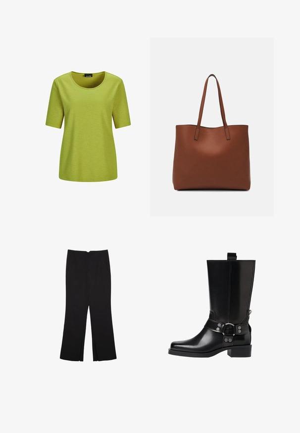 Kurzärmliges, grünes Oberteil mit Rundhalsausschnitt, strukturiertem Gewebe mit einem Karomuster und lockerer Passform. Keine sichtbaren Logos oder Akzente.; Schwarze Hose mit geradem Schnitt, ausgestattet mit Fronttaschen und Seitenschlitzen am Saum. Hergestellt aus weichem, glattem Stoff. Geeignet für verschiedene Anlässe.; Schwarze Lederstiefel bis zum Knie mit spitzer Zehenform, silbernen Schnallenakzenten und einem klobigen Absatz. Verfügt über eine Zuglasche für einfaches Anziehen.; Braune Leder-Tote mit glatter Textur, offenem Oberteil und zwei Schulterriemen. Verfügt über minimale Nähte und keine sichtbaren Beschläge.