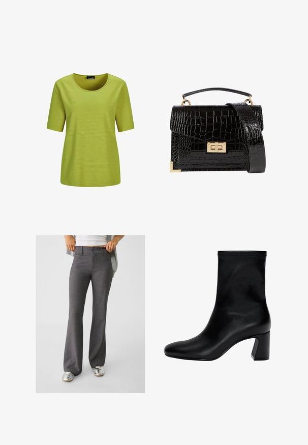 Kurzärmliges, grünes Oberteil mit Rundhalsausschnitt, strukturiertem Gewebe mit einem Karomuster und lockerer Passform. Keine sichtbaren Logos oder Akzente.; Graue, ausgestellte Hosen aus strukturiertem Stoff, mit einer Zwei-Knopf-Verschluss und Gürtelschlaufen, kombiniert mit glänzenden silbernen Sneakers.; Schwarzer Knöchelstiefel aus glattem Leder. Mit quadrater Zehenpartie, elastischem Schaft und einem stabilen Blockabsatz. Minimalistisches Design.; Schwarz lackierte Handtasche mit Krokodilstruktur, goldfarbenen Hardware, einem oberen Griff und einem abnehmbaren Schulterriemen. Rechteckige Form mit Klappenverschluss.