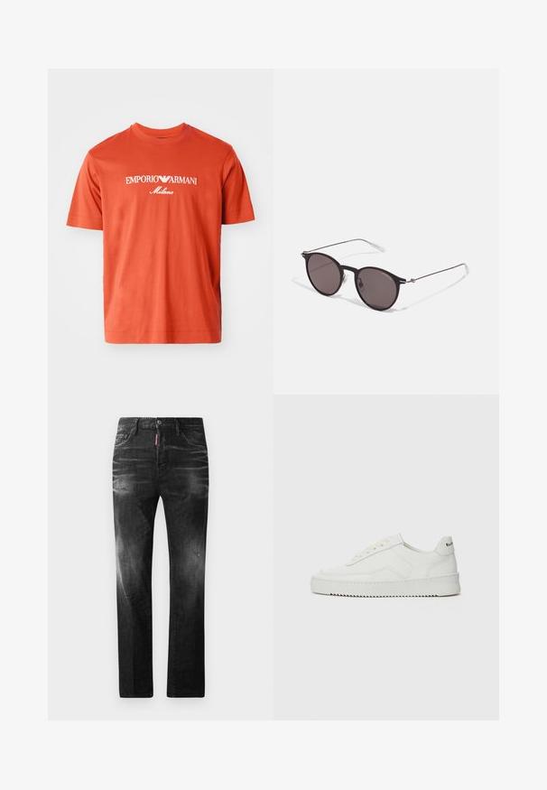 Raudona medvilninė marškinė su apvalia iškirpte, trumpomis rankovėmis ir baltu užrašu "EMPORIO ARMANI Milano" krūtinės srityje.; Juodi džinsai su tiesiu kirpimu. Spalvoti svyrantys plotai, šiek tiek sugadinti, klasikinis penkių kišenių dizainas ir mygtuko uždarymas.; Balti odiniai sportiniai bateliai su lygia apdaila, apvaliu pirštu, plokščiais raišteliais ir tekstūruotu padu. Pasižymi subtiliu logotipu ant kulno.; Juodos apvalios saulės akinių su tamsiais lęšiais ir plonomis metalinėmis šakomis. Įtraukti skaidrūs šventyklų galai ir sidabriniai akcentai vyrio srityje. Minimalistinis dizainas.