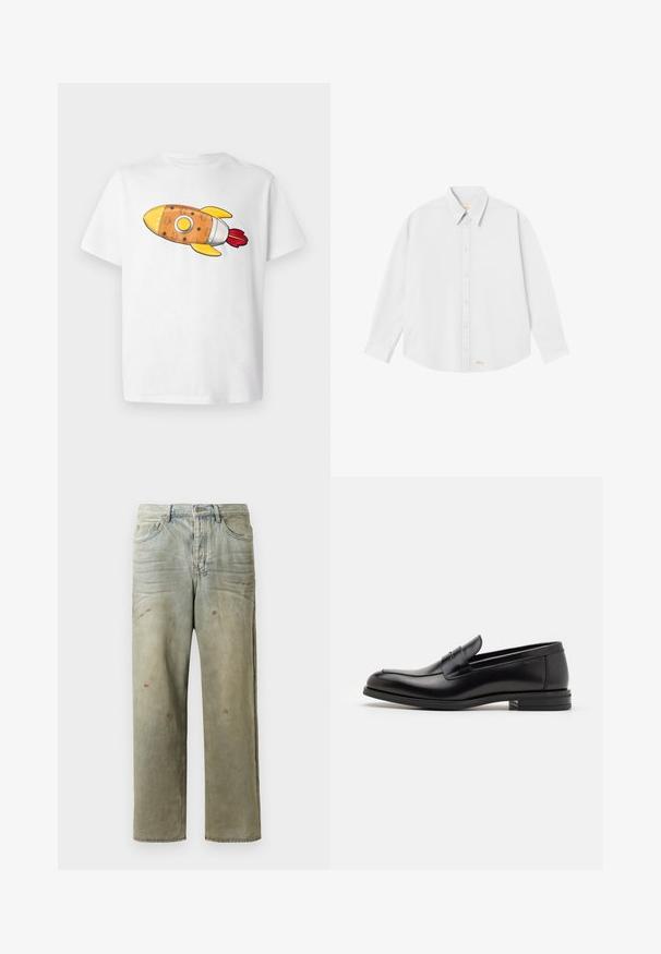 Camiseta blanca con un gráfico de cohete colorido. El cohete es de color naranja con detalles amarillos, detalles plateados y llamas rojas.; Camisa blanca de botones con cuello clásico, mangas largas y dobladillo redondeado; presenta un pequeño logo naranja en la parte inferior izquierda.; Jeans de mezclilla desgastados en verde claro, con corte recto, diseño de cinco bolsillos y decoloración desigual con manchas de pintura.; Mocasines de cuero negro con una textura suave, puntera redondeada y una tira decorativa en el empeine. Tacón bajo apilado, diseño minimalista.