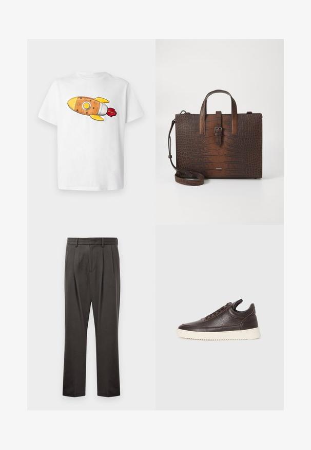 Valge T-särk, millel on värvikas raketi graafika. Rakett on oranž, kollaste detailide, hõbedaste lisade ja punaste leekidega.; Tumedashallased püksid, mis on valmistatud tekstuuriga kangast, lame esiosa, voldid, sirged jalad ja vöökohastab. Pole nähtavat riistvara ega mustreid.; Tumepruun tekstureeritud nahast sportking, millel on nööpidega esiosa ja valge soonikuga kummitald, heledal ühtlasel taustal.; Pruun krokodillimustriga nahk käekott, millel on ülemised käepidemed ja eemaldatav õlavarrepant. Omab klambri sulgemist ja ristkülikukujulist vormi.