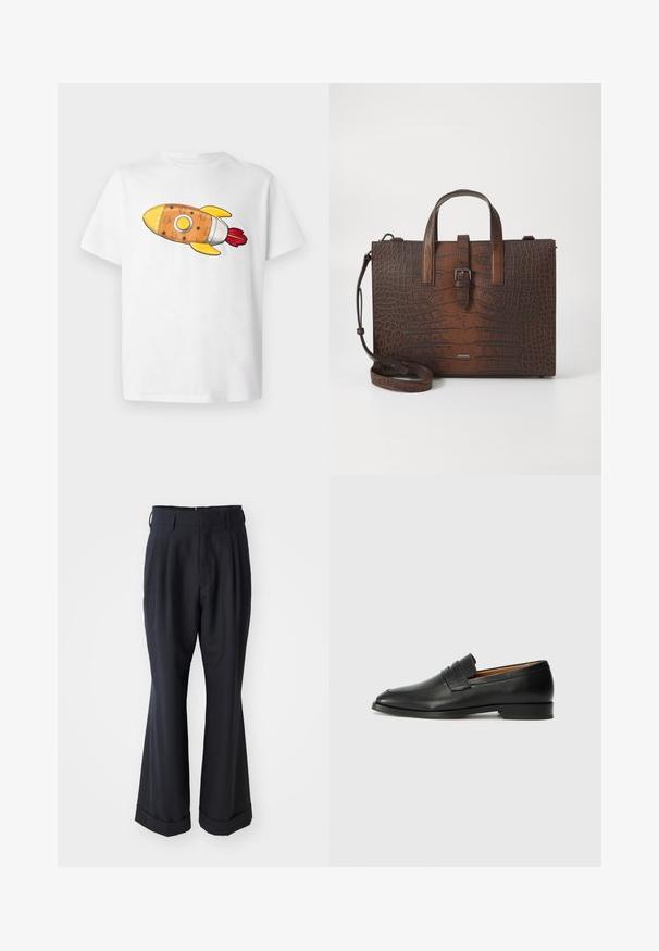 Balta marškinėliai su spalvingu raketos piešiniu. Raketa yra oranžinė su geltonais akcentais, sidabriniais detalėmis ir raudonomis liepsnomis.; Juodi pritaikyti kelniai su laisvu siluetu, klostėmis priekyje ir plačiomis kojomis. Yra apvadu apačioje ir sklandžiu audinio paviršiumi.; Juodas odinis loaferis su apvaliu nosiu, subtiliomis siuvimo detalėmis ir žemu kulnu, pasižymintis lygia tekstūra ir minimalistiniu dizainu.; Rudos krokodilo rašto odos rankinė su viršutinėmis rankenomis ir nuimamu peties dirželiu. Yra sagties užsegimas ir stačiakampis pavidalas.
