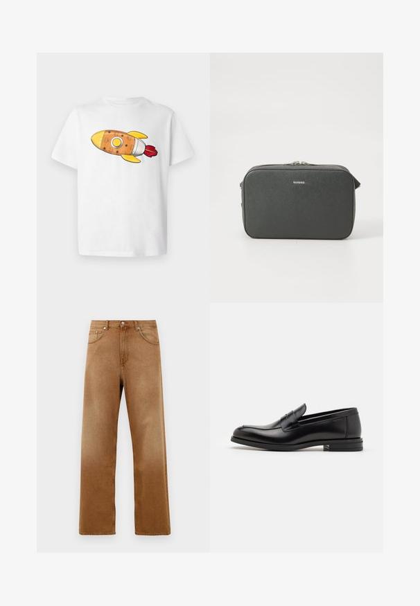 Hvid T-shirt med et farverigt raketmotiv. Raketten er orange med gule detaljer, sølvfarvede elementer og røde flammer.; Brune denim wide-leg jeans med høj talje, som har to frontlommer, en knaplukning og en subtil tekstur. Ingen synlige mønstre eller accenter.; Sorte læderloafers med en glat overflade, rund tå og en dekorativ strop over vampen. Lav hæl med stabeldesign, minimalistisk stil.; Sort struktureret rektangulær crossover taske med sølvfarvet dobbeltrarn og lille "Sandro" logo centralt på fronten.
