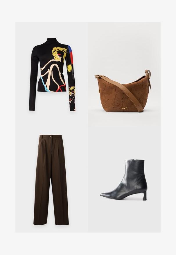 Alice + Olivia Pikkade varrukatega topp - black; Pruunid vooderdatud püksid laia jala disainiga, esitades frontaalsed voldid, napp kinnituse ja sileda, tekstuuriga kangaga.; Mustad mustall nahkasaabas terava nina ja stiilse disainiga. Omab madalat konts ja luku sulgemist taga. Sile tekstuur.; Pruun sametist õlavarre kott, millel on reljeefne lillemuster, mida täiendab sile pruun nahast rihm ja kuldse tooni lisandid.