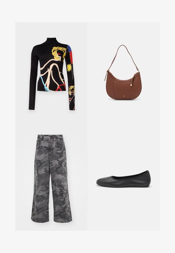 Alice + Olivia Langarmshirt - black; Weite Cargohosen in Grautönen, aus Denim gefertigt, mit zwei seitlichen Taschen und einem hohen Taillendesign. Strukturierter Stoff mit einem bedruckten Muster.; Schwarze Leder-Ballettschuhe mit abgerundeter Spitze, glatter Textur, minimalen Nähdetails und einem flexiblen Sohlen-Design.; Braune Kunstleder-Schultertasche mit geschwungener Form, minimaler Naht und goldfarbener Hardware-Akzent. Verfügt über einen oberen Reißverschluss und einen verstellbaren Trageriemen.