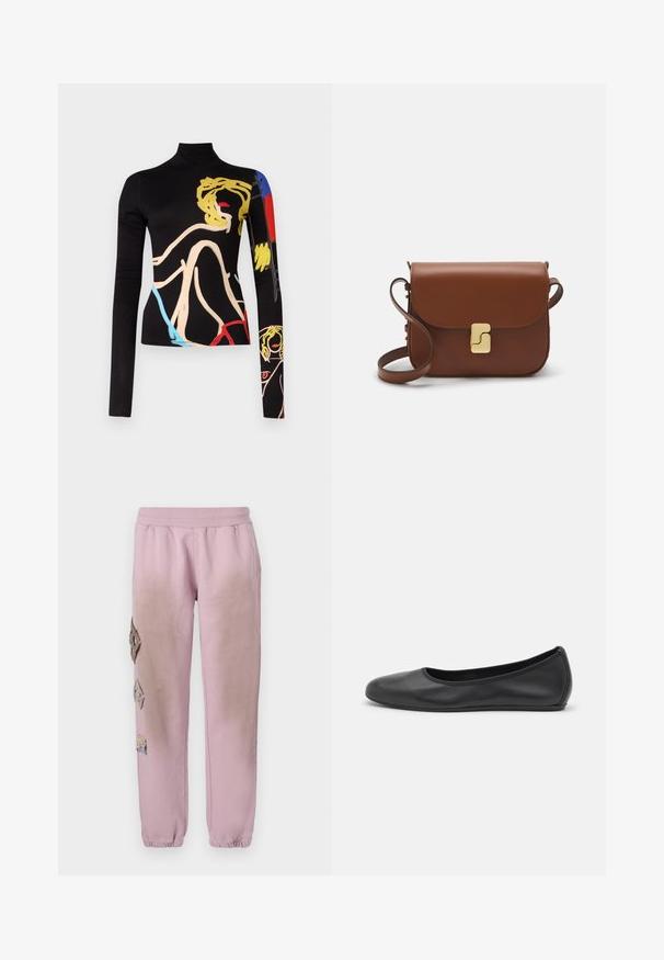 Alice + Olivia Tops ar garām piedurknēm - black; Rozā sporta bikses ar elastīgu jostu, kurām labajā pusē ir dekoratīvi uzliktni dimanta formā un elastīgas apkakles pie potītēm.; Melna ādas baleta kurpe ar noapaļotu purngalu, gludu tekstūru, minimālu šuvju detalizāciju un elastīgu zoles dizainu.; Bordo ādas rokas soma ar atloku, zeltītām detaļām, plecu siksnu un gludu virsmu. Kompakta, taisnstūrveida forma.