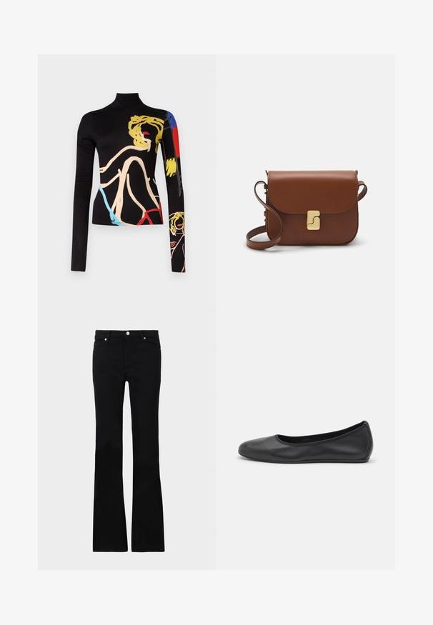 Alice + Olivia Hosszú ujjú felső - black; Fekete, bővülő szárú farmernadrág, két elülső zsebből áll, gombos záródással és sima textúrával rendelkezik. A varrásoknál látható a jellegzetes öltés.; Fekete bőr balettcipő lekerekített orral, sima tekstúrával, minimális varrással és rugalmas talp kialakítással.; Barna bőr kézitáska, hajtókás zárással, arany színű fém kiegészítőkkel, vállpánttal és sima felülettel. Kompakt téglalap alakú.