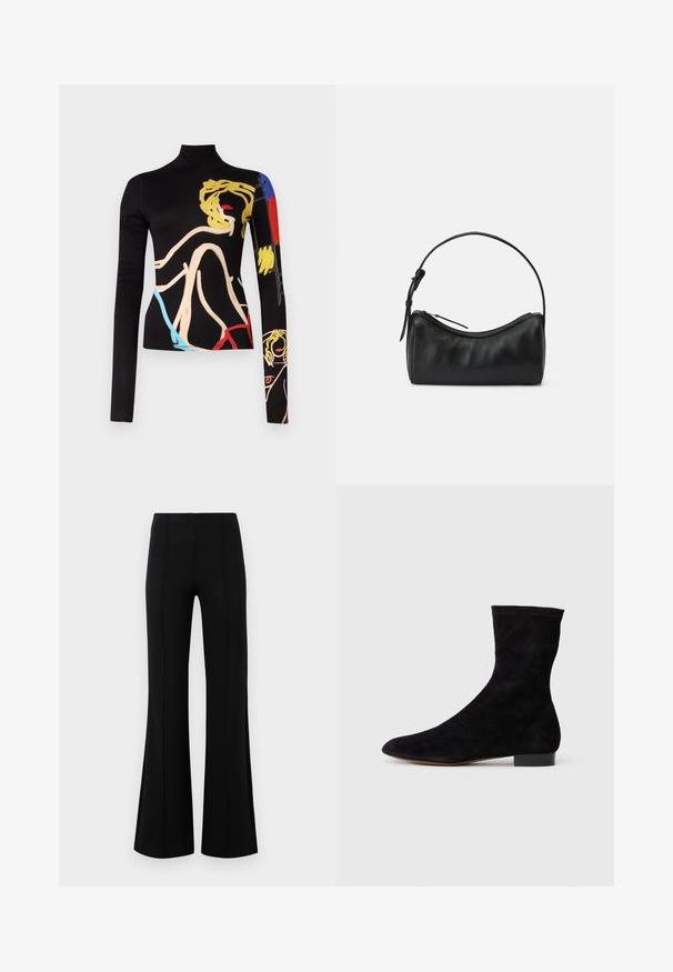 Alice + Olivia Langærmet T-shirt - black; Sorte højtaljede flared bukser lavet af strækbart stof. Har vertikale sømdetaljer foran og en glat tekstur.; Sorte suedestøvler til anklerne med en tætsiddende skaft, spids tå og lav blokhæl. Glat tekstur og minimalistisk design, velegnet til alsidig styling.; Sort læder skuldertaske med et buet design, lynlåslukning og en slank rem. Har en glat tekstur og diskrete syninger.