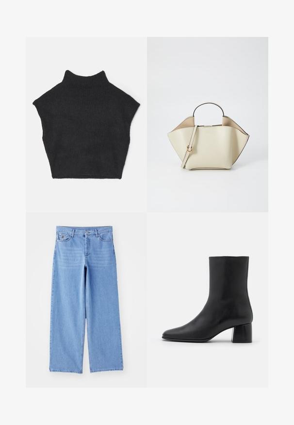Schwarzer, gerippter, ärmelloser Rollkragenpullover mit hohem Kragen. Er hat ein kurzes Design und eine weiche Textur.; Hellblaue weit geschnittene Jeans aus Denim, mit einem klassischen Fünf-Taschen-Design und einem Knopfverschluss. Glatte Textur, ausgefranster Saum.; Schwarze Leder-Ankle-Boots mit spitzer Zehenpartie und einem klobigen, quadratischen Absatz. Glatte Textur mit nahtlosem Design und minimalistischem Nähen.; Ree Projects ANN - Handtasche - beige; Silberne Perlenohrringe in geschwungener Bohnenform. Glatte, glänzende Oberfläche und mit einem Stecker- und Rückverschluss gesichert.