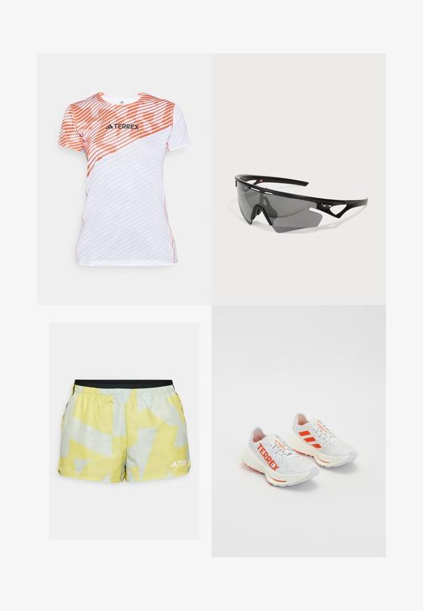 Balta ir oranžinė trumpomis rankovėmis sportinė marškinė su įstrižainėmis juostelėmis ir „TERREX“ logotipu ant krūtinės.; Geltonos ir šviesiai žalios sportinės šortai su geometriniu raštu, elastinga juosmeniu, šoninėmis plyšiais ir logotipo detalėmis hem'e.; Baltos bėgimo bateliai su oranžinėmis detalėmis. Tinklelio medžiaga, suapvalintas pirštas ir storas vidinis padas. Ant šoninės pusės užrašyta "TERREX", o ant kulno matomos trys juostelės.; Sportiniai saulės akiniai su juodu plastiko rėmeliu ir pilkai tonuotais stiklais. Turi kampinį dizainą ir rėmelio išpjovas ventiliacijai.