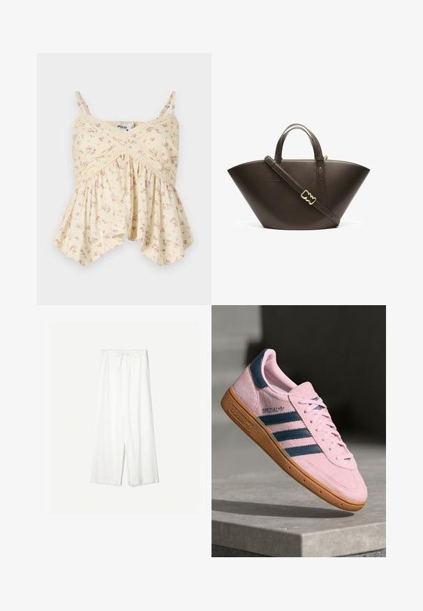 Gul blomster camisole med tynde stropper, rynket bryst og flæsekant. Har små lyserøde og blå blomster samt blonde detaljer.; Hvide bukser med brede ben og snøre i taljen, vist imod en ensfarvet baggrund, som fremhæver deres afslappede stil og stoftekstur.; Lyserød ruskindssneaker med marineblå tre striber, gummisål og lyserøde snørebånd. Har "SPEZIAL"-branding på siden.; Brun læder tote taske med en unik vinkelret form. Har dobbelte håndtag og en aftagelig skulderrem, accentueret med guldhardware.