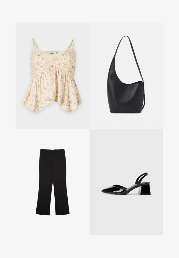 Gul blomster camisole med tynde stropper, rynket bryst og flæsekant. Har små lyserøde og blå blomster samt blonde detaljer.; Sorte bukser med lige pasform, der har frontlommer og slidser i kanten. Lavet af blødt, glat stof. Velegnet til forskellige anledninger.; Sorte patentlæder slingback hæle med spids tå og en geometrisk blok hæl. Har et elegant, minimalistisk design og en glat tekstur.; Sort læder hobo taske med en glat overflade, buet form og en enkelt justerbar rem; har en bred åbning øverst.