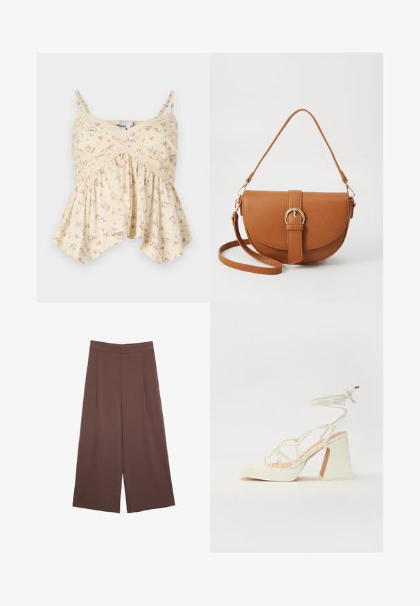 Gul blomster camisole med tynde stropper, rynket bryst og flæsekant. Har små lyserøde og blå blomster samt blonde detaljer.; Brune bredbunde bukser med en glat tekstur, der har høj talje og plisseringer foran. Stoffet er let og falder løst.; Hvide højhælede sandaler med en kraftig hæl, der har et stropdesign og ankelbinding. Glat tekstur med en platform foran for ekstra højde.; Brun læder crossbody taske med en buet form, guldfarvet hardware og en spændeaccent. Har en aftagelig skulderrem.