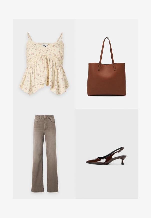 Gul blommig linne med tunna axelremmar, rynkad byst och utsvängd nederkant. Innehåller små rosa och blå blommor samt spetsdetaljer.; Bruna högmidjade rakbenade jeans med framknapp, bältesöglor och klassisk femfickorsdesign på vit bakgrund.; Brun lackläder slingback-sko med spetsig tå och en måttlig klack. Utrustad med en spännband för säker passform. Slät textur.; Brun läder tote-väska med en slät textur, öppen toppdesign och två axelremmar. Har minimal söm och ingen synlig metalldetalj.