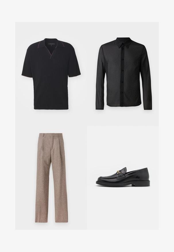 rag & bone HARBOR JOHNNY COLLAR - Poloshirt - black; Schwarzes Hemd mit einer Knopfleiste, langen Ärmeln und einem weißen Pünktchenmuster, aus leichtem, transparentem Stoff gefertigt.; Braune, hochtaillierte Hose aus strukturiertem Stoff. Mit weitem Bein und zwei vorderen Bügelfalten für zusätzliche Form. Saubere Verarbeitung ohne sichtbare Hardware.; Schwarze Lederleter mit einer abgerundeten Zehenpartie, ausgestattet mit goldenen Hardwareakzenten und Stichdetails, auf einer niedrigen, strukturierten Gummisohle.