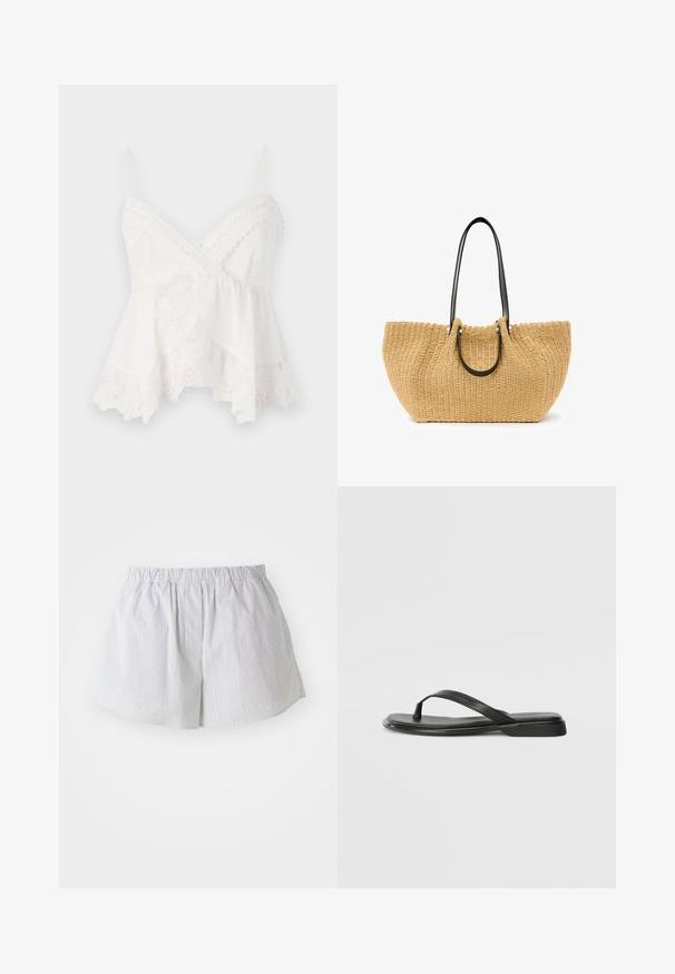 Weißes Top mit dünnen Trägern, besetzt mit Spitzenrand und floralem Stickmuster am Saum. Hergestellt aus weichem, leichtem Stoff mit geschichtetem Design.; Gestreifte Shorts aus hellblauem und weißem Baumwollstoff, ausgestattet mit einem elastischen Bund und einem lockeren Schnitt sowie seitlichen Öffnungen für eine bessere Bewegungsfreiheit.; Schwarze Flip-Flops aus glattem Leder, mit einem dünnen Riemendesign und einer flachen Sohle mit minimalem Profil. Keine bemerkenswerten Muster oder Akzente.; Geflochtener Strohtote in Beige, mit schwarzen Ledergriffen und silbernem Zubehör. Geräumige, geschwungene Form mit strukturiertem Oberflächenmaterial.; Zwei Goldringe sind ausgestellt, einer dick und rund, der andere dünn und flach. Beide haben eine glatte, glänzende Oberfläche mit einem polierten Finish.