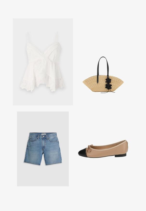 Witte camisole met dunne schouderbandjes, voorzien van kantafwerking en bloemenborduursel op de zoom. Zacht, lichtgewicht stof met een gelaagd ontwerp.; Leren denim shorts in lichtblauw, met een rechte snit, vijf zakken en een knoopsluiting. Gemaakt van katoen met een gladde textuur.; Ballett balletflat van beige leer met een zwarte punt. Heeft een strikdetail aan de voorkant en een gladde textuur. Laag profiel ontwerp met een rubberen zool.; Strohandtas met een brede, waaiervormige ontwerp, zwarte leren handvatten en zwarte bloemaccenten aan één kant.