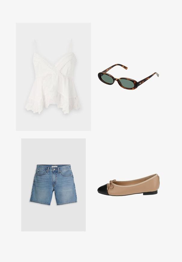 Hvid camisole med tynde stropper, prydet med blonder og blomsterbroderi i kanten. Blødt, letvægtsstof med et lagdelt design.; Lysblå denimshorts med lige snit, fem lommer og knaplukning. Fremstillet af bomuld med en glat tekstur.; Ballet flade i beige læder med spids sort tå. Har en frontsløjfe detalje og en glat tekstur. Lav profil design med en gummisål.; Skildpaddemønstrede solbriller med ovale stel og grønne linser. Har tynde arme med en metallisk detalje nær hængslerne.; Stråhåndtaske med et bredt, fanformet design, sorte læderhåndtag og sorte blomsterdetaljer på den ene side.