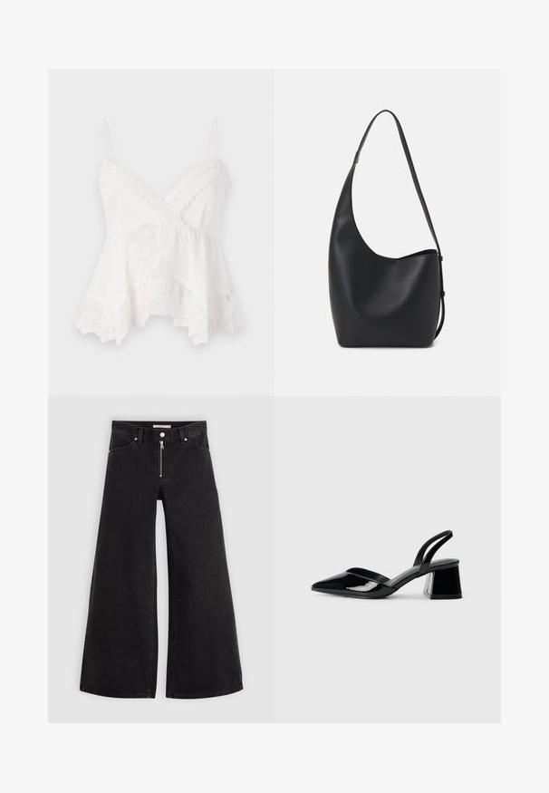 Hvit cami med tynne stropper, med blonder og blomsterbroderi på kanten. Mykt, lett stoff med lagdelt design.; Vide benbukser i sort denim med glidelås i front, fem-lomme design og subtile sømdetaljer. Glatt tekstur og avslappet stil.; Svarte patentlær slingback hæler med spiss tå og geometrisk blokk hæl. Har et stilrent, minimalistisk design og jevn tekstur.; Svart lær hobo-veske med glatt tekstur, buet form og enkelt justerbart stropp; har en bred åpning på toppen.