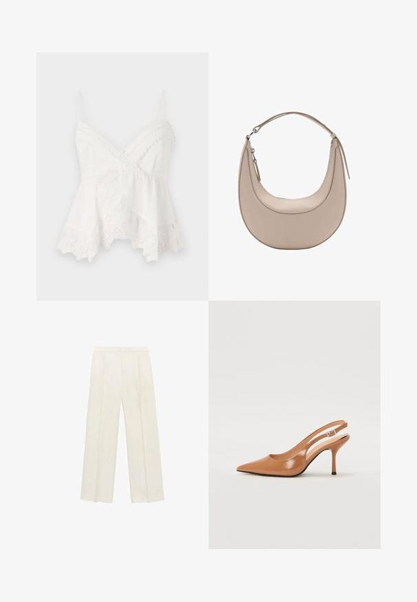 Witte camisole met dunne schouderbandjes, voorzien van kantafwerking en bloemenborduursel op de zoom. Zacht, lichtgewicht stof met een gelaagd ontwerp.; Wijdgevallen broeken in een lichtcrème kleur. Gemaakt van een zachte stof met plooien aan de voorkant en zijzakken.; Puntige slingback hak in een glad, glanzend beige materiaal. Bevat een gebogen uitsnijdontwerp en een slanke stiletto hak. Zilveren gesp detail.; Beige leren schoudertas met een halve maanvorm, een soepele textuur en een enkele gebogen handgreep. Voorzien van een ritssluiting en nette stiksels.