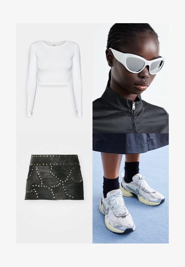 Valge pika varrukaga lühike topp, valmistatud siledast ja venivast materjalist, ümaral kaelusel ja keha lähedal istuv siluett. Minimalistlik disain.; Mustmust muströöpde ja kõverate õmblustega must nahkseelik. Omab kinnitatud taljet ja hemmi, mis jääb üle kesk-reie.; Valged ja hõbedased Nike tennisajalatsid, millel on võrgukangas, peegeldavad detailid ja beež tald. Kantud mustade sokkidega, seisab sinisel pinnal.; Valged prillid julge, ülisuurte vormidega ja peegeldavate läätsedega, millel on siledad plastikust raamid ja rõhutatud kõverused.