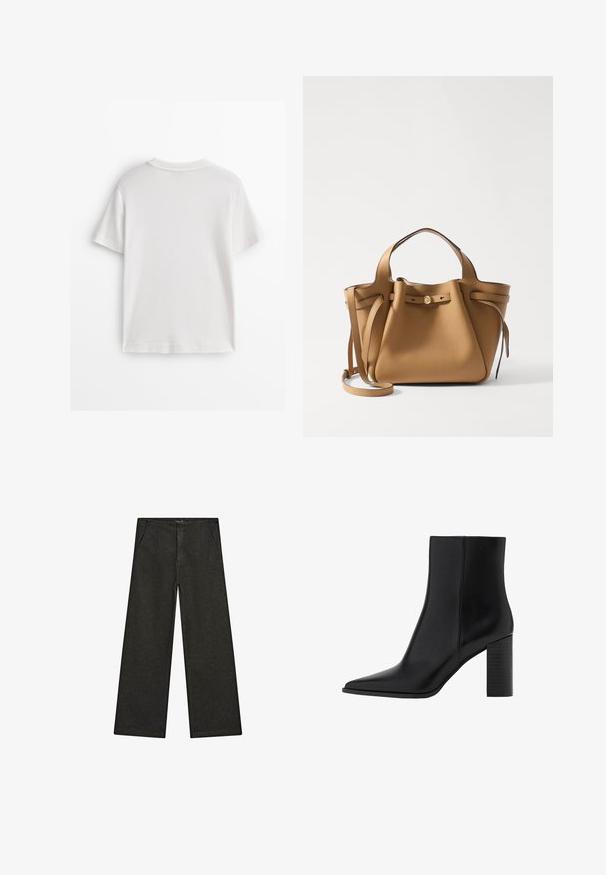 Bílé bavlněné tričko s krátkými rukávy, kulatým výstřihem a hladkou texturou. Zadní strana je jednoduchá bez dalších vzorů nebo designů.; Široké černé džíny s středním pasem, dvěma předními kapsami a čistým, minimalistickým designem bez viditelných ozdob.; Černé kožené kotníkové boty s špičatou špičkou, čtveratým podpatkem, hladkou texturou a švy podél spojů. Výška podpatku je přibližně 8,9 centimetrů.; Tory Burch ROMY PEBBLED SATCHEL - Kabelka - tiramisu