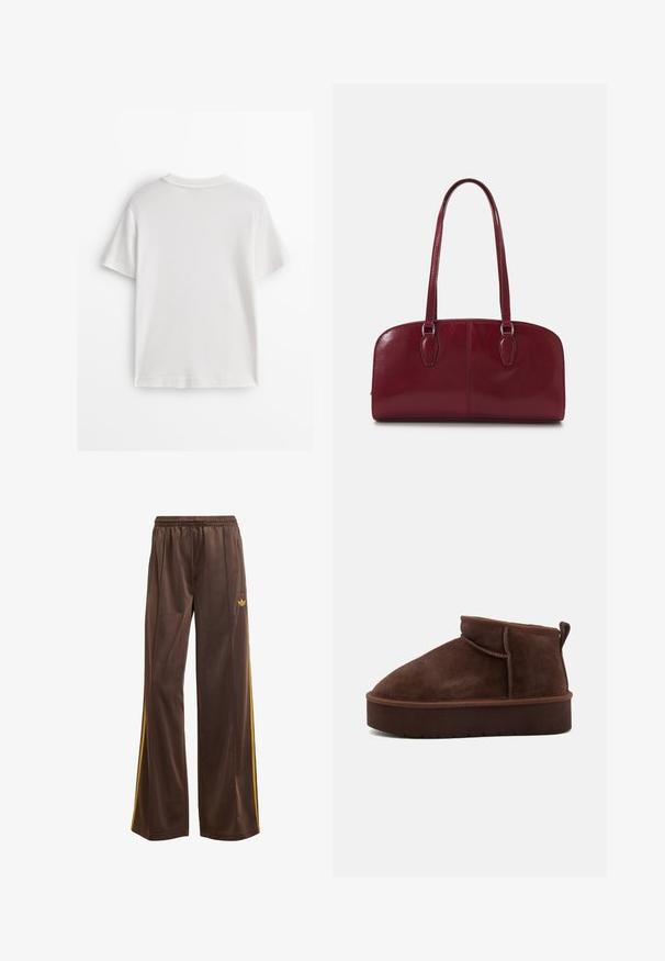 Maglietta bianca in cotone con maniche corte, collo rotondo e tessuto liscio. Il retro è semplice, senza motivi o disegni aggiuntivi.; Pantaloni sportivi marroni con una vestibilità ampia, caratterizzati da strisce laterali gialle e una vita elastica. Realizzati in materiale liscio e leggero.; Stivale alla caviglia in suede marrone con punta tonda, texture morbida e suola piatta spessa. Presenta un discreto dettaglio di cucitura e un gancio sul retro.; Zign LEATHER - Borsa a mano - dark red