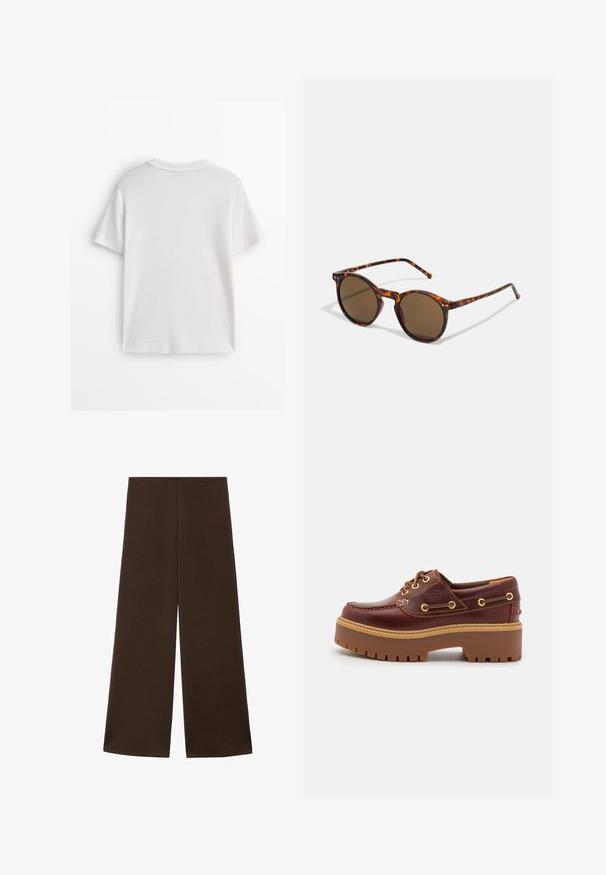 White cotton t-shirt with short sleeves, a round neck, and a smooth texture. The back is plain with no additional patterns or designs.; Wide-leg trousers made from a smooth, dark brown fabric. Features a high waistband and a minimalist design without embellishments.; Brown leather boat shoe with a chunky brown rubber sole, gold eyelets, and contrast stitching. Features a logo on the side.; Round sunglasses with tortoiseshell frame and brown lenses. Features thin temples with slight texture and metal accents near the lenses.