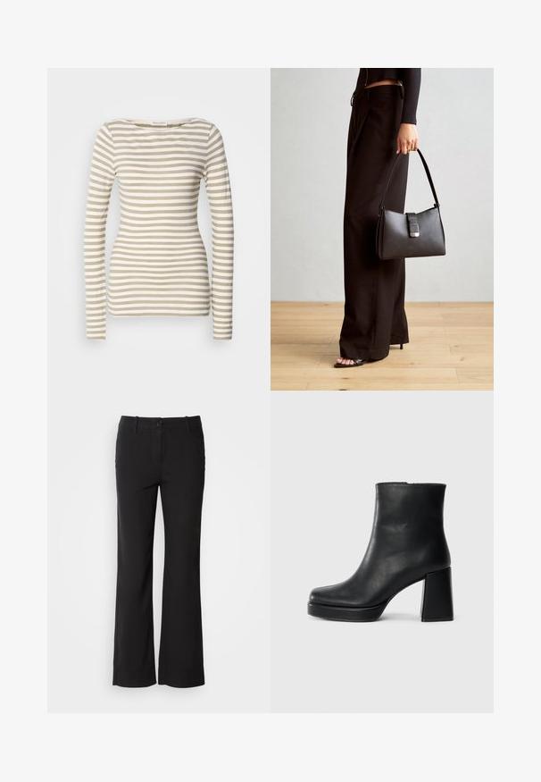 Dlouhý rukáv pruhovaný top v béžové a bílé barvě. Měkká bavlněná tkanina s lodičkovým výstřihem. Přiléhavý design s úzkými horizontálními pruhy.; Černé kalhoty z bavlněné směsi se střihem rovného nohavice, se zapínáním na knoflík vpředu a dvěma bočními kapsami. Hladká textura, žádné viditelné vzory.; Černý kožený kotníkový bot s blokovým podpatkem a platformou, viděný z boku na jednoduchém bílém pozadí.; Černá kabelka se strukturovaným tvarem, hladkým povrchem a kovovým uzávěrem. Kombinována s širokými černými kalhotami a sandály s otevřenou špičkou na dřevěné podlaze.